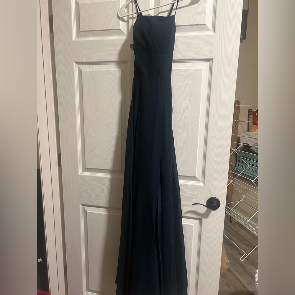JJsHouse, Size 10, Navy blue prom dress with cross back and slit